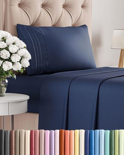Comfy Twin Size 3 Piece Sheet Set by [Brand Name] - Breathable, Cooling Luxury Bedding - Deep Pockets, Ultra-Soft, Wrinkle-Free - Navy Blue