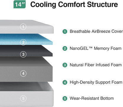Novilla 14-Inch Twin Memory Foam Mattress - Cooling Gel Foam for Pressure Relief & Comfort