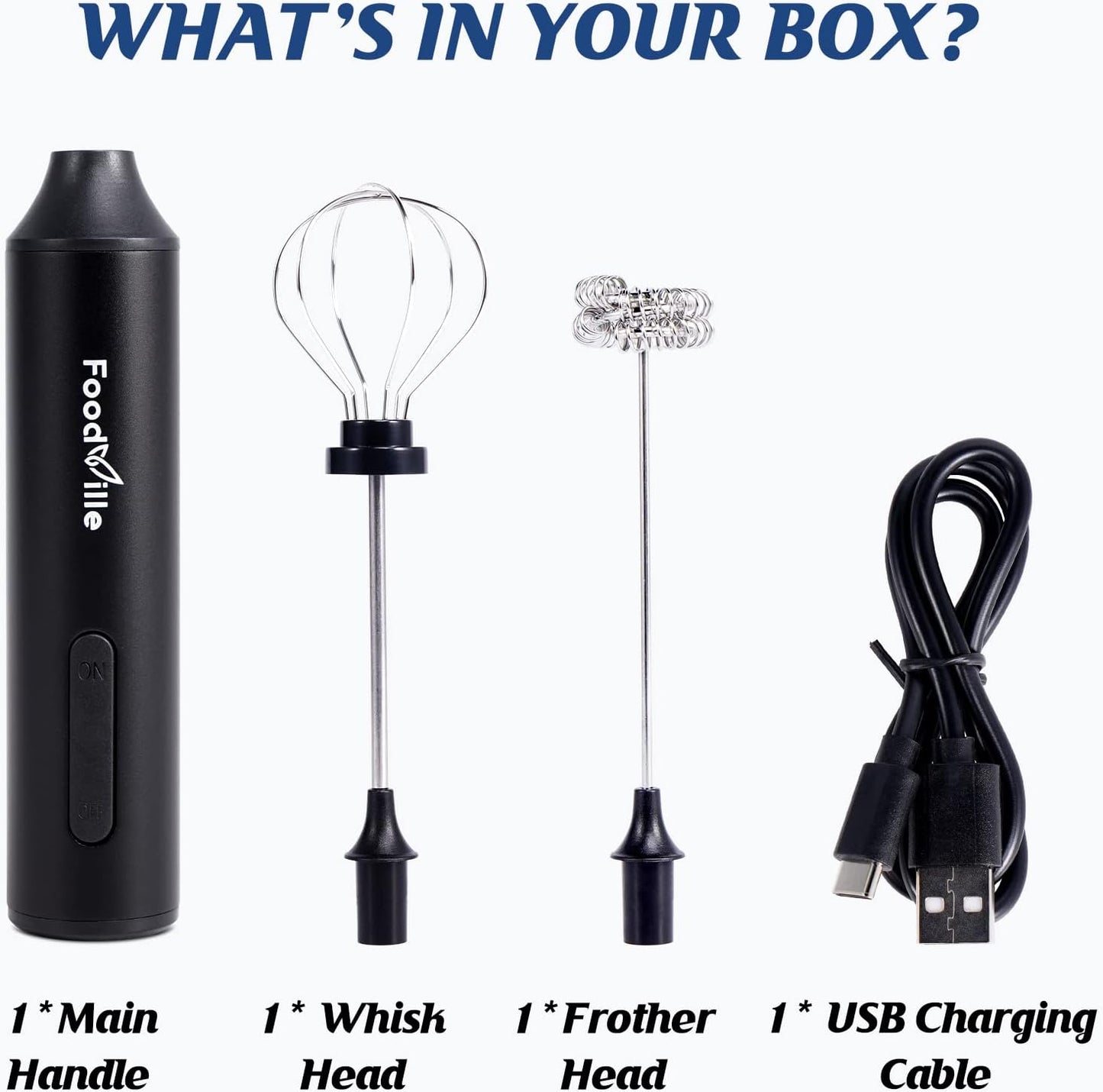 MF05 Rechargeable Milk Frother - USB Handheld Foam Maker with Stainless Whisk for Cappuccino & Latte (Black)