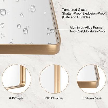LOAAO 60”X30” Gold Bathroom Mirror, Rounded Rectangle Gold Frame Mirror, Brushed Gold Bathroom Vanity Mirror Wall-Mounted, Anti-Rust, Tempered Glass, Hangs Horizontally or Vertically