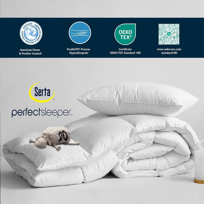 Serta Goose Feather Down Comforter - Hotel Luxury Hypoallergenic Twin Size Duvet Insert | 100% Cotton, 68 x 90 Inch, White