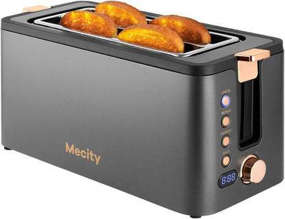 Mecity 4-Slice Long Slot Toaster - Extra Wide Slots, Warming Rack & 6 Browning Settings | Stainless Steel, Grey
