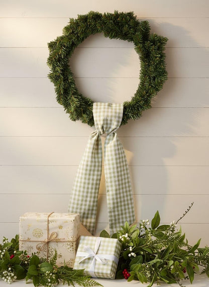 Skiennix Wreath Sash - Green White Checkered Plaid Bow Ribbon Bundle for Home Decor | 2 Pack (5.12" x 54.33")