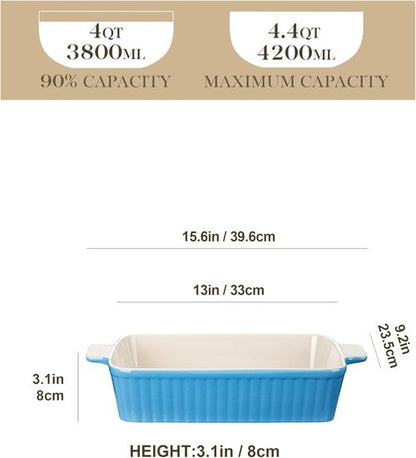 MALACASA 4.4 QT Baking Dish - Durable Ceramic Casserole Pan for Oven | 9x13 Lasagna Dish in Blue