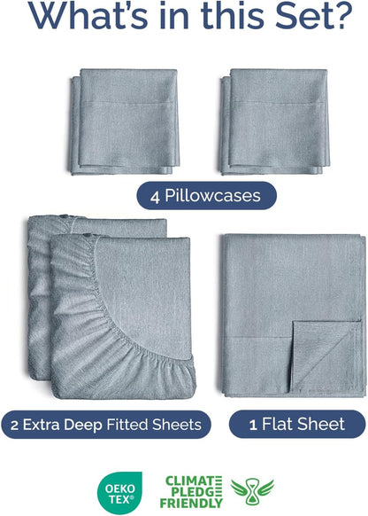 Skiennix Extra Deep Split King Sheet Set - 7 Piece Breathable Cooling Bedding - Soft Wrinkle-Free Heathered Blue
