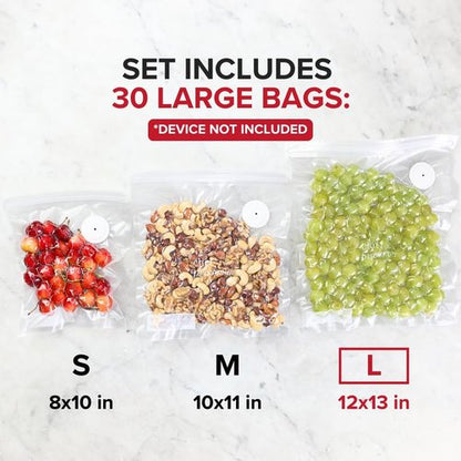 Chef Preserve Reusable Vacuum Sealer Bags - 30 Large BPA-Free Food Storage Bags (12 x 13 in) | Odor-Resistant & Leak-Proof