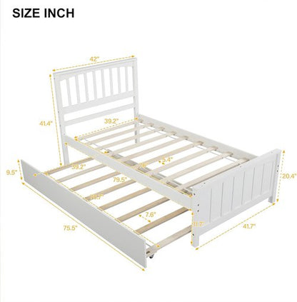LostCat Twin Size Bed Frame - Solid Pinewood with Trundle & Headboard | No Box Spring Needed, White