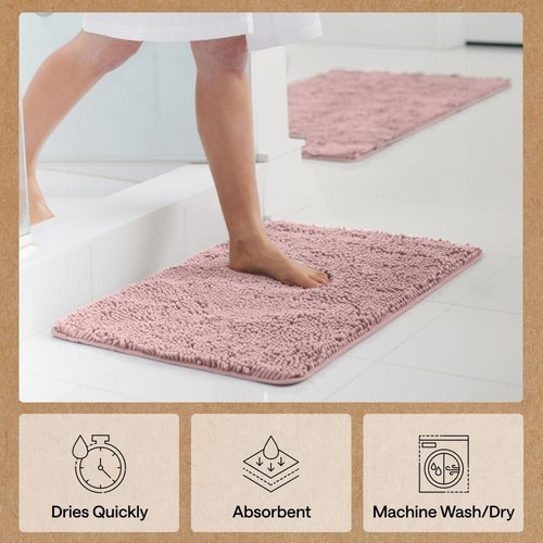 GORILLA GRIP Bath Rug Mat 36x24, Soft Absorbent Chenille, Quick Dry Microfiber Mats, Rubber Backing Washable Shower Floor Rugs, Bathmat Runner, US Designed Bathroom Home Decor Accessories Dusty Rose
