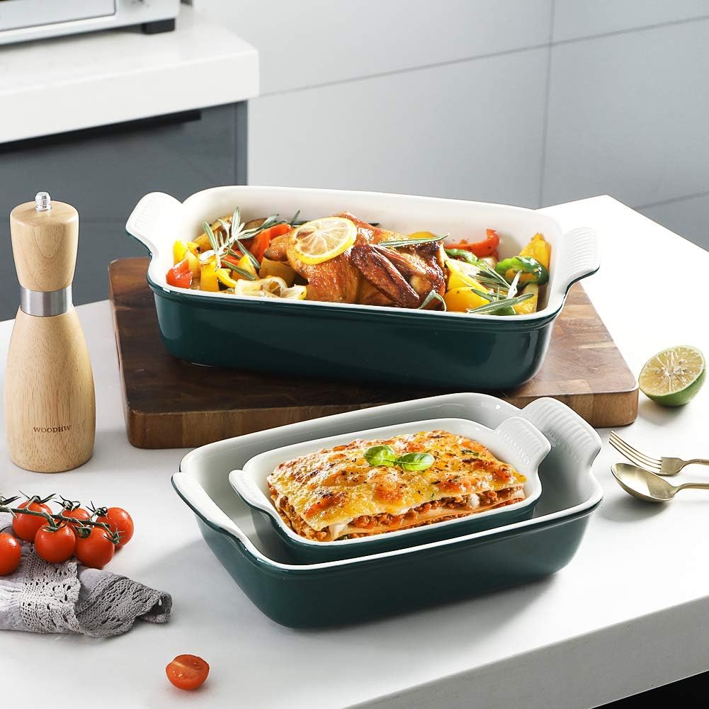 Sweejar Baking Pans Set - Durable Ceramic 9x13 Baking Dish with Handle | 3-Piece Casserole Bakeware Set in Jade