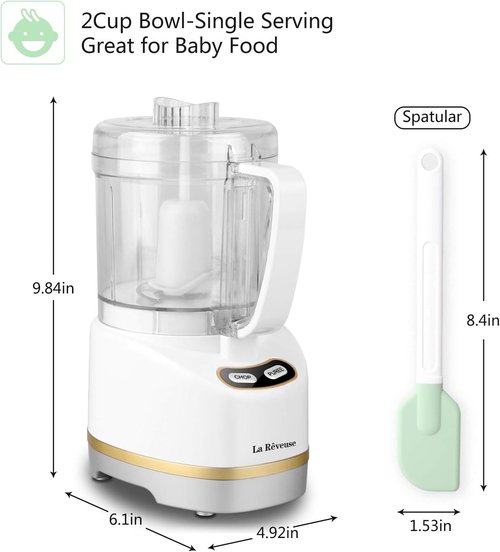 La Reveuse Electric Mini Food Processor - 200 Watts, 2-Cup Bowl for Chopping & Blending | White