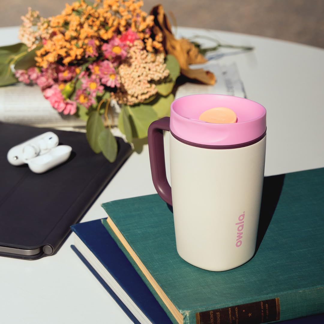Owala SmoothSip Stainless Steel Travel Mug - 100% Leak Proof, Insulated for Hot & Cold Drinks, 12oz, Pink/Tan