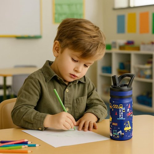 Fanhaw Insulated Kids Water Bottle - 14 Oz Stainless Steel, Leakproof & BPA-Free, Blue Construction Design