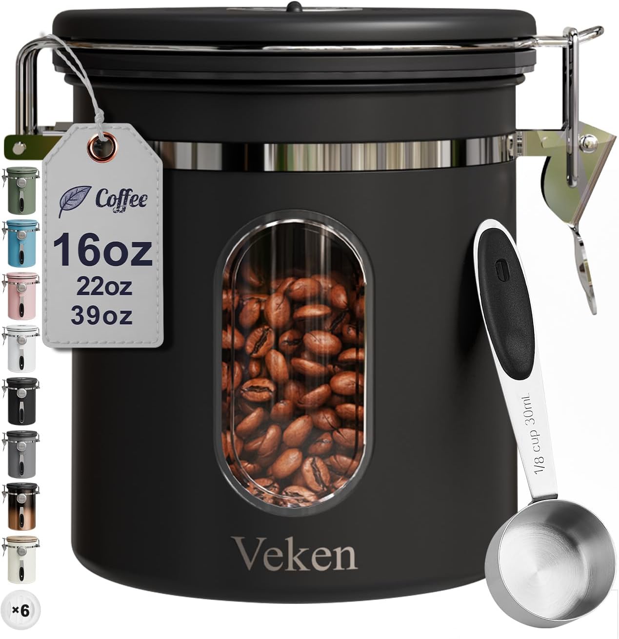 Veken Coffee Canister - Airtight Stainless Steel Storage with Window & Date Tracker | 16oz Black
