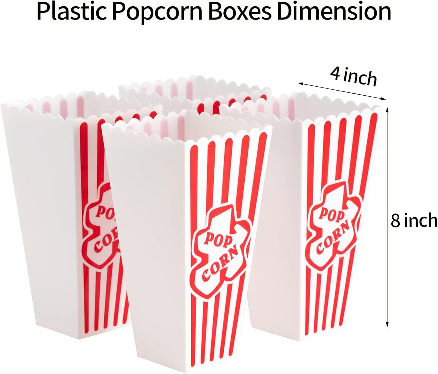 Retro Style Plastic Popcorn Containers - Red & White Striped Reusable Boxes for Movie Night | 4 Pack (4”x8”)