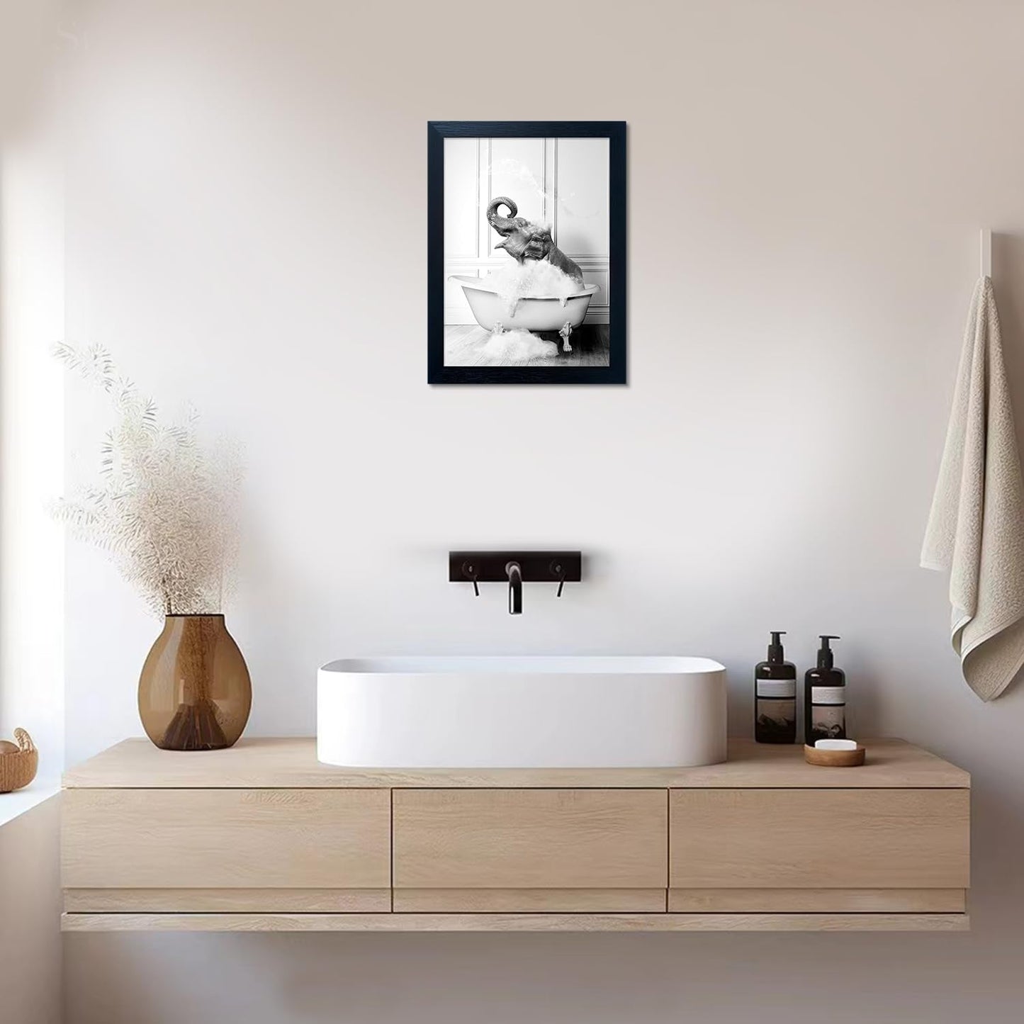 Regine Switzerland Framed Bathroom Decor - Funny Elephant in Bathtub Canvas Art | Black and White Print