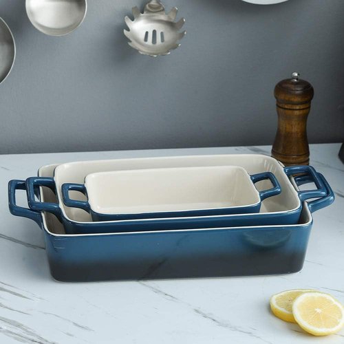 KOOV Bakeware Set - Ceramic Baking Dish with Gradient Blue Finish | 3-Piece Rectangular Casserole Set, 12 x 8.5 Inches