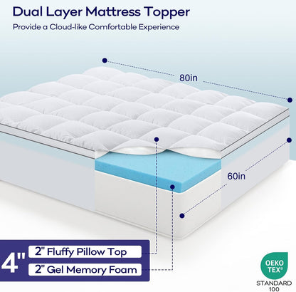 OLANLY Memory Foam Mattress Topper - 4 Inch Queen Size with Cooling Pillow Top & Gel Layer, White