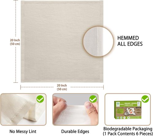 GOTS Certified Organic Cheese Cloths - 100% Cotton Muslin, 6PCS, 20x20 Inch, Reusable Fine Mesh for Straining & Cooking