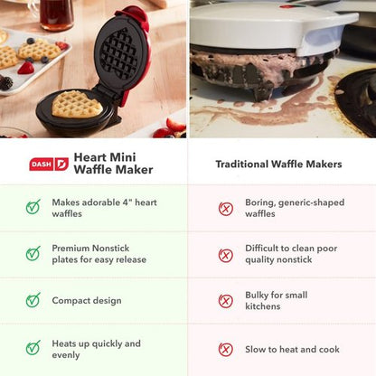 Dash Mini Waffle Maker - Creative Nonstick Waffle Iron with Unique Heart Design - Red Color