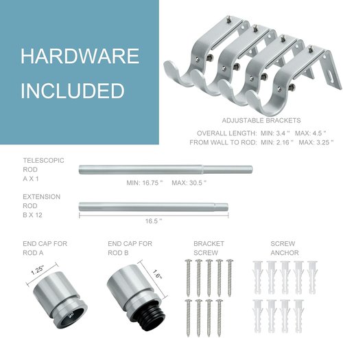 Byondeth Curtain Rods - Adjustable 16 to 200 Inches | 1 Inch Diameter with Aluminum End Cap, Silver Gray