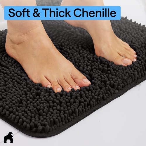 GORILLA GRIP Plush Absorbent Shaggy Chenille Bath Rug Mat for Square Toilet Base with Rubber Backing, Machine Washable Rugs, Soft Microfiber Contour Mats for Toilets, Bathroom Decor, Black