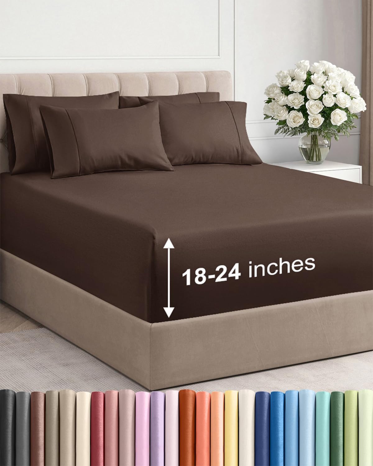 Regine Switzerland Extra Deep Cal King Sheet Set - 6-Piece Breathable Cooling Bedding - Soft, Wrinkle-Free Comfort in Brown