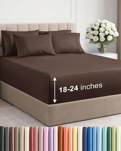 Extra Deep Cal King Sheet Set - 6 Piece Breathable and Cooling Sheets - Hotel Luxury Bedding for Women, Men, Kids & Teens - Easy Secure Fit - Soft, Wrinkle Free and Comfy - Extra Deep Pockets - Brown