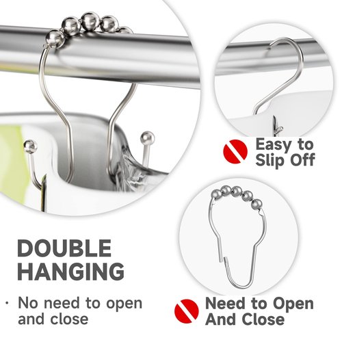 Shower Curtain Hooks Brushed Nickel Shower Curtain Rings Rust Proof, Bathway Balanced Smooth Glide Double Shower Curtain Hooks, Sturdy Shower Hooks for Shower Curtain 12 Pcs Shower Rod Hooks
