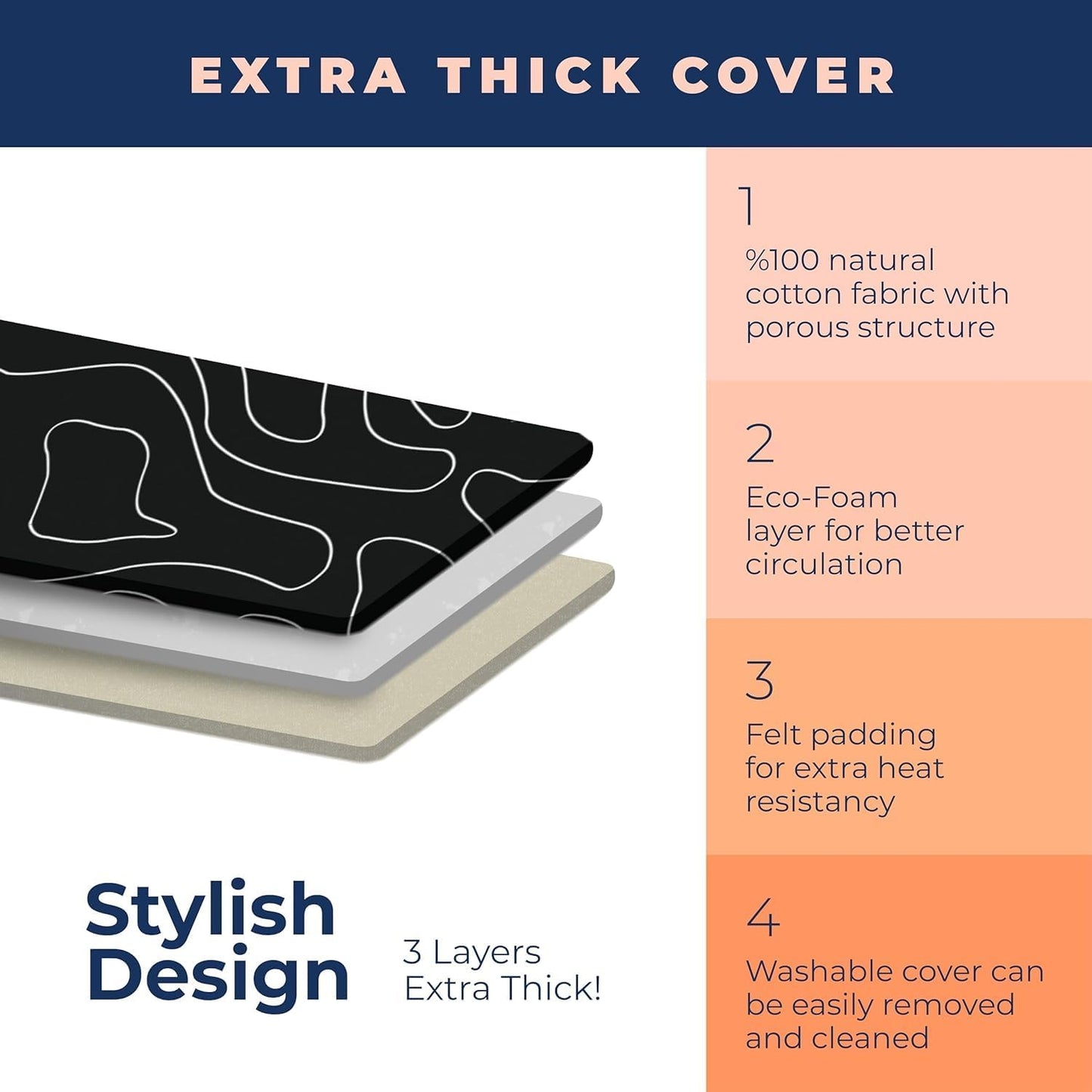 Skiennix Compact Ironing Board - Height Adjustable with Extra Thick Cover & Smart Hanger | Black (13x43)