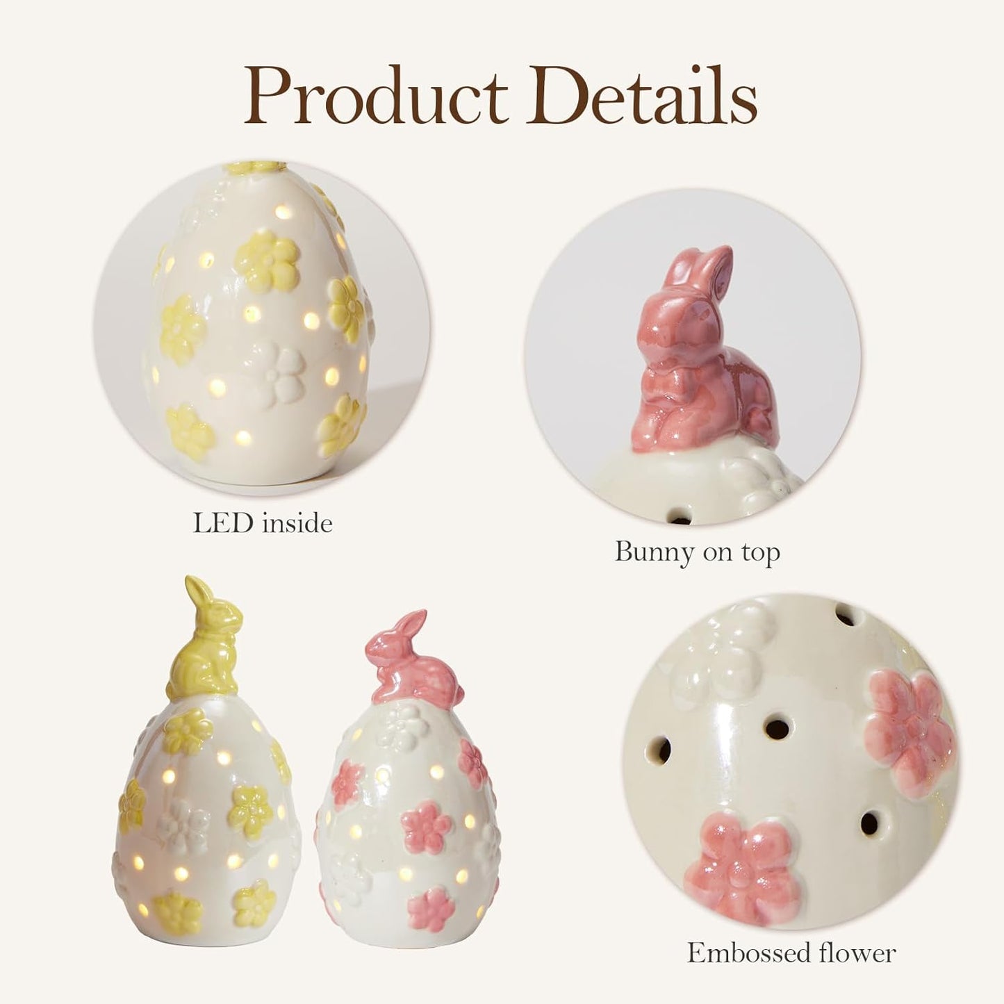 WDS WONDROUS Light Up Easter Decorations - LED Bunny & Egg Figurines Set | White Ceramic Spring Decor (2PCS)