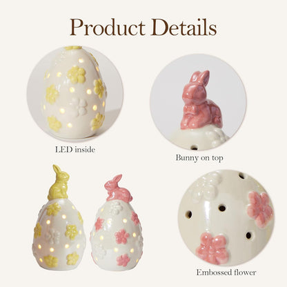 WDS WONDROUS Light Up Easter Decorations - LED Bunny & Egg Figurines Set | White Ceramic Spring Decor (2PCS)