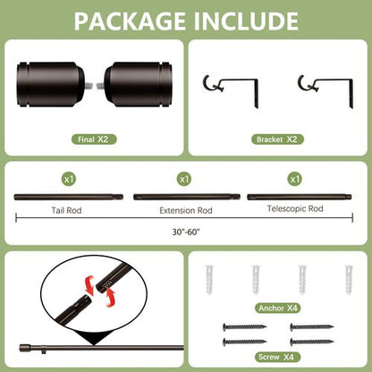5/8” Diameter Curtain Rods 30-60 Inch, for 30-54 Inch Windows, Adjustable Splicing Bronze Curtain Rods for Windows with Brackets, Window Rod Long Small Curtains Rod