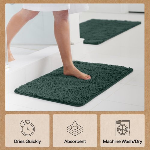 GORILLA GRIP Bath Rug Mat 44x26, Soft Absorbent Chenille, Quick Dry Microfiber Mats, Rubber Backing Washable Shower Floor Rugs, Bathmat Runner, US Designed Bathroom Decor Accessories Hunter Green