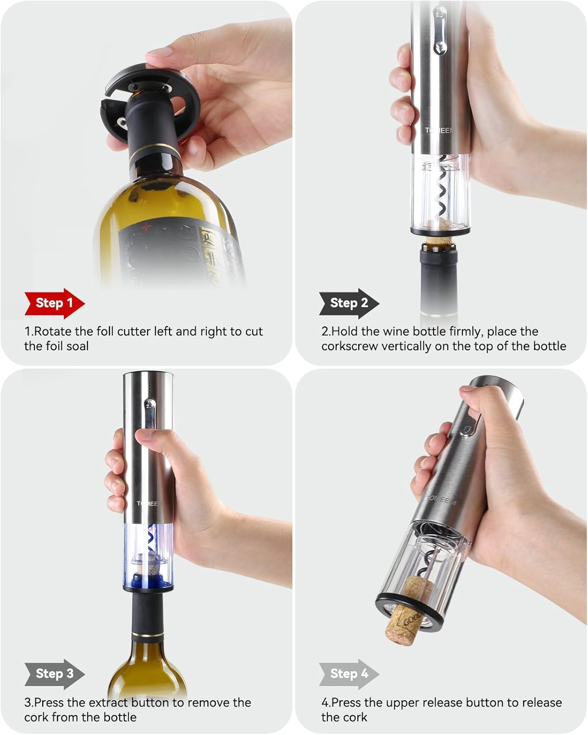TOMEEM Electric Wine Opener Set - Rechargeable Wine Bottle Opener with Vacuum Stoppers,Wine Pourer, Foil Cutter,and Storage Stand - Ideal Wine Accessories & Wine Gift Set for Wine Lovers