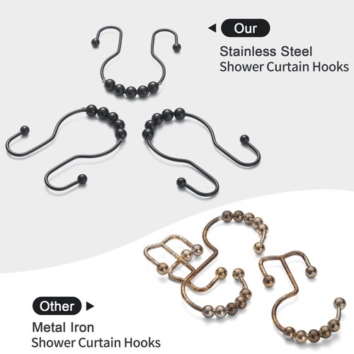 Goowin Shower Curtain Hooks, 12 Pcs Shower Curtain Rings, Stainless Steel Black Shower Curtain Hooks, Shower Curtain Rings Rust Proof, Smooth Sliding Anti-Drop Double Shower Rings for Curtain (Black)