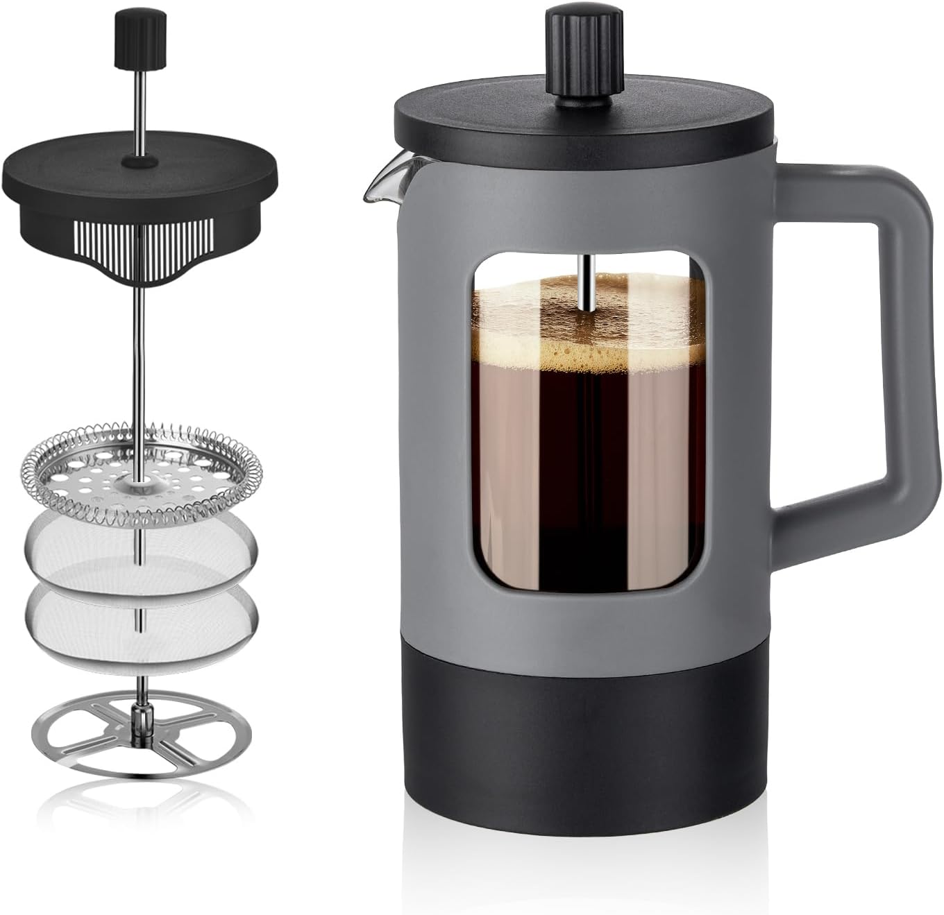 YOLIFE French Press Coffee Maker - 21 oz Heat-Resistant Borosilicate Glass | Portable Grey & Black Design