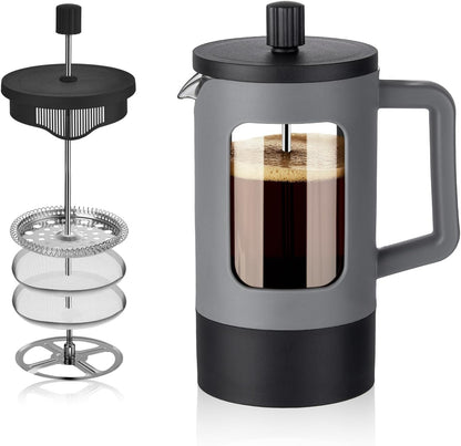 YOLIFE French Press Coffee Maker - 21 oz Heat-Resistant Borosilicate Glass | Portable Grey & Black Design
