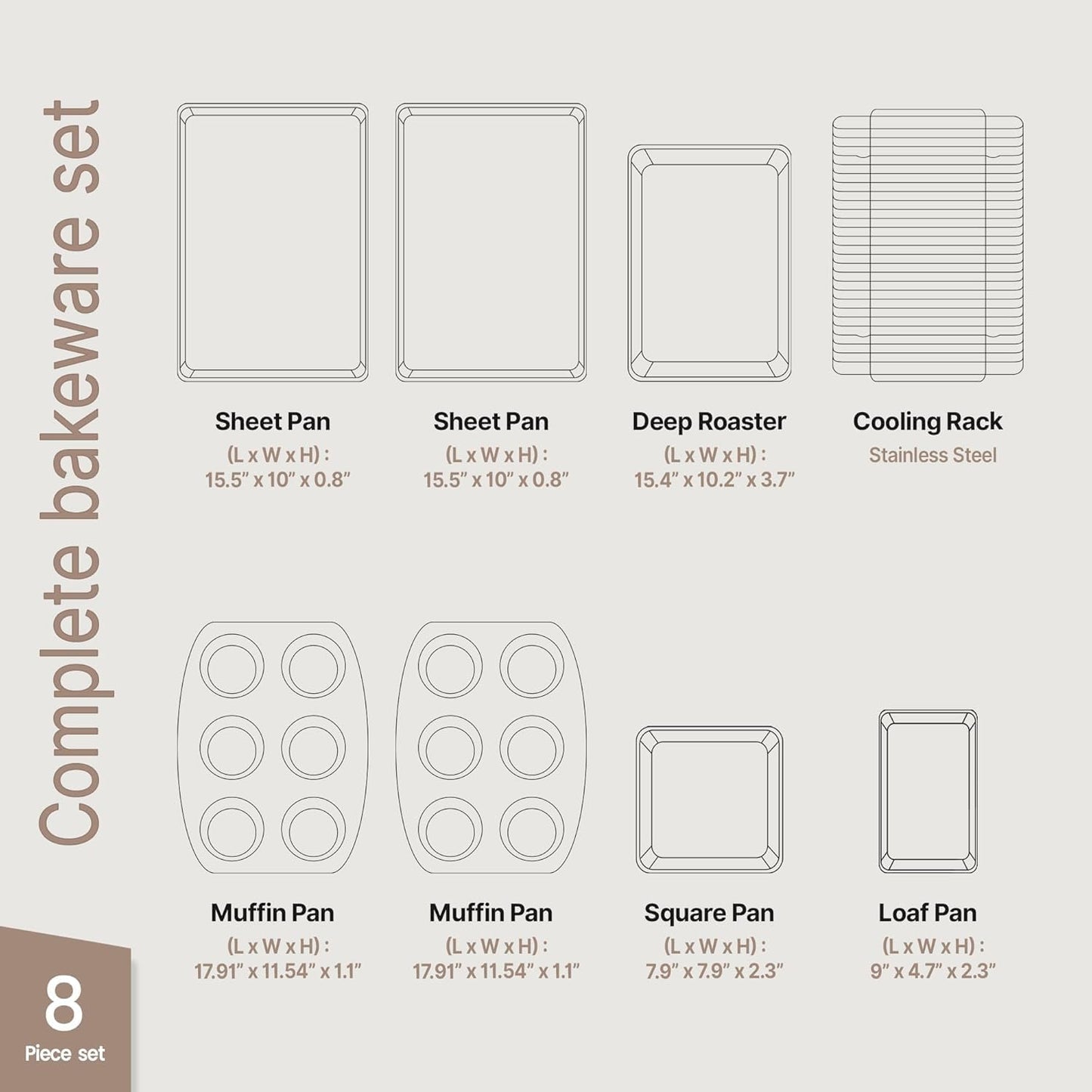 Bakkenmaster Baking Set - 8-Piece Non-Stick Bakeware with Red Silicone Handles - Carbon Steel, PFOA Free