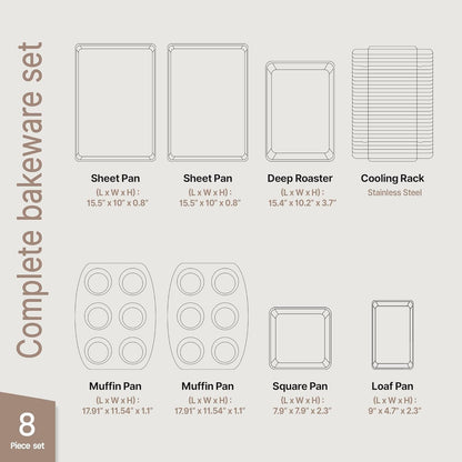 Bakkenmaster Baking Set - 8-Piece Non-Stick Bakeware with Red Silicone Handles - Carbon Steel, PFOA Free