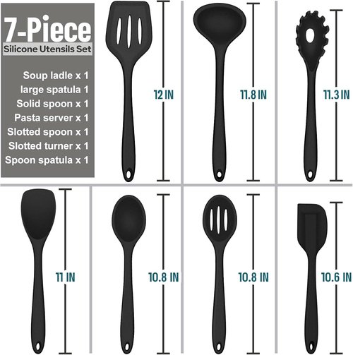 E-far Silicone Cooking Utensils Set - 7-Piece Heat Resistant Nonstick Kitchen Tools | Black & Dishwasher Safe