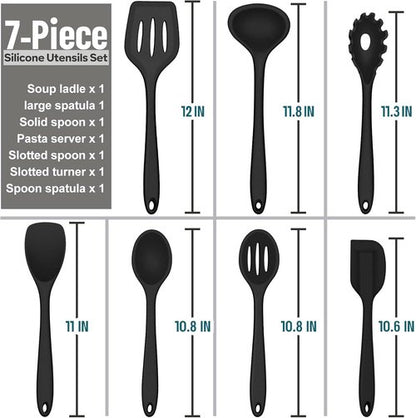 E-far Silicone Cooking Utensils Set - 7-Piece Heat Resistant Nonstick Kitchen Tools | Black & Dishwasher Safe