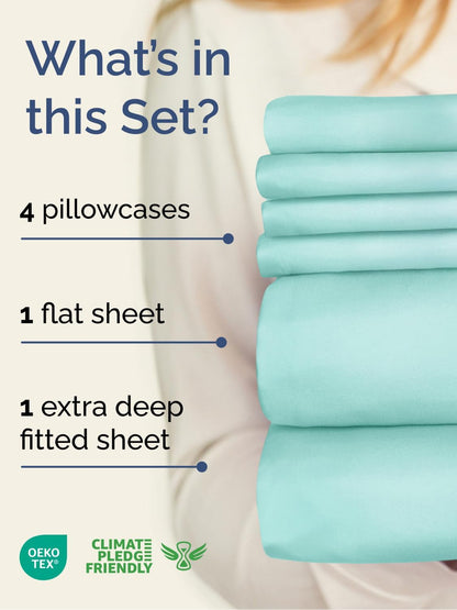 Skiennix Extra Deep King Sheet Set - 6 Piece Breathable Cooling Bedding - Soft Wrinkle-Free Spa Blue