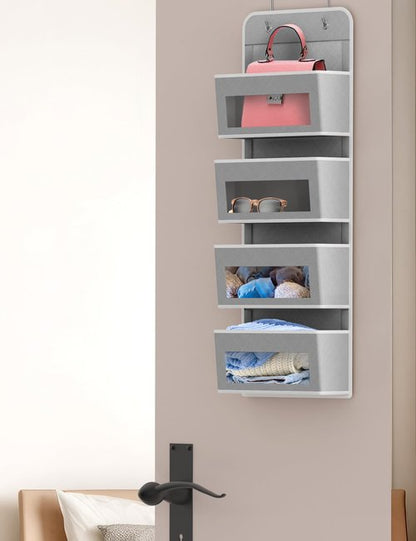 Simple Houseware 4 Clear Window Pocket Over Closet Door Storage Hanging Organizer for Bedroom, Bathroom, Pantry, Gray