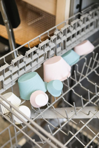 Skiennix Reusable Silicone Baking Cups - BPA-Free Muffin Liners, Mini Size, 24 Pack, Pink/Gray/Blue