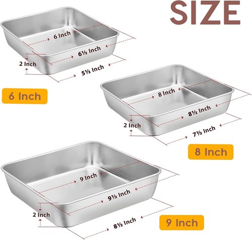 E-far Stainless Steel Square Cake Pan Set - Non-Toxic & Easy Clean Bakeware | Set of 3 (6/8/9-Inch)