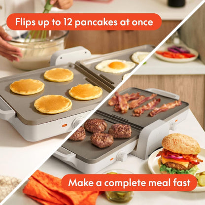 Bella Ceramic Fold-N-Store Dual Temp Griddle - Nonstick Coating, 2 Temp Zones, 10"x20", Oatmilk Color