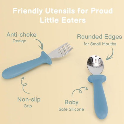 Eascrozn Toddler Utensils, 6 Pack kids Silverware Set with Silicone Handle, 18/8 Stainless Steel Children Safe Forks and Spoons, Dishwasher Safe