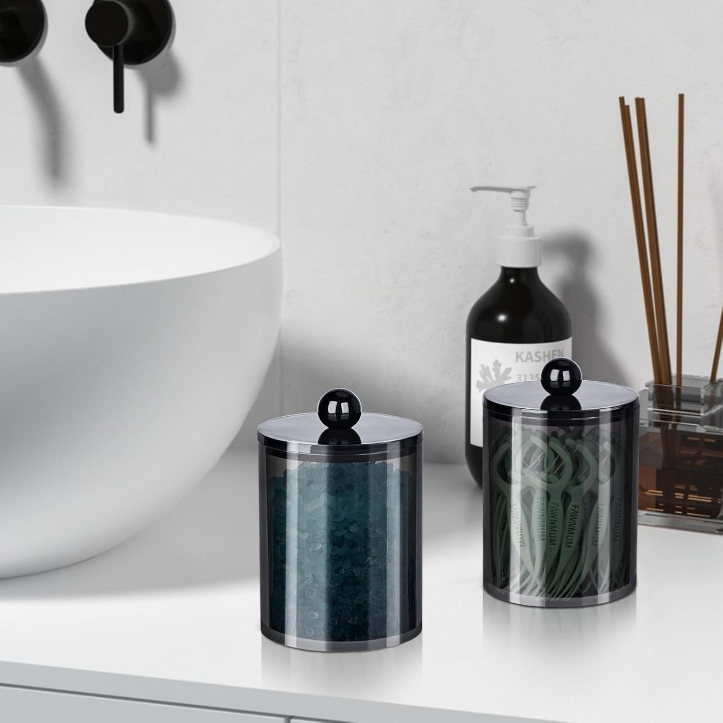 XIPENGKEJI Qtip Holder Set - Stylish Apothecary Jars with Lids for Cotton Swabs & Pads | 10oz-12oz Black