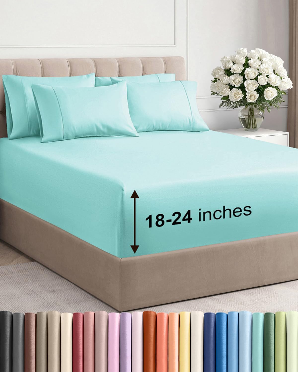 Skiennix Extra Deep Queen Sheet Set | 6-Piece Breathable Cooling Bedding - Soft, Wrinkle-Free Spa Blue