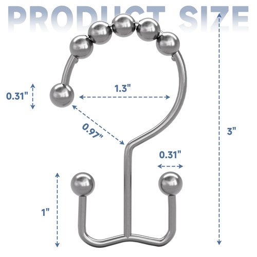 Titanker Shower Curtain Hooks Rings, Rust-Resistant Metal Double Glide Shower Hooks for Bathroom Shower Rods Curtains, Set of 12 Hooks - Chrome